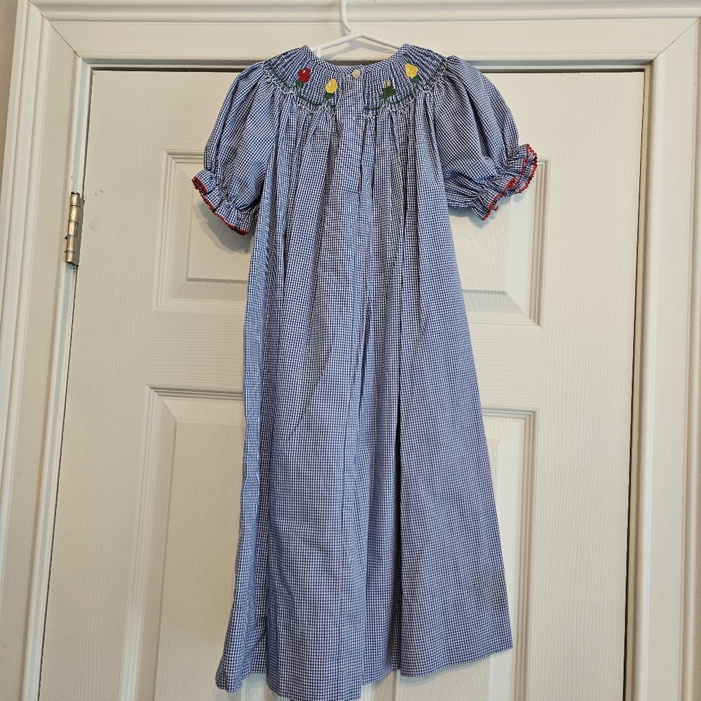 Amanda Remembered Blue & White Smocked Kids Dress with Christmas Lights. Sz 5 - Picture 4 of 9